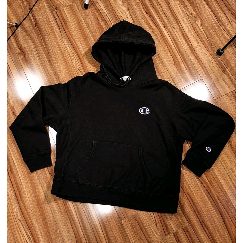 Champion Reverse Weave Sweatshirt Hoodie QUAD Logo & Spell Out Black XL‎ VTG Y2K